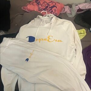 Cape Era White Hoodie & Sweatpants Set with Blue and Gold Logo